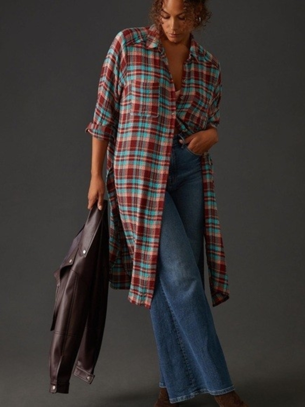 Pilcro Long Plaid Button-Down Shirt Dress in Burgundy and Teal - Picture 2 of 16